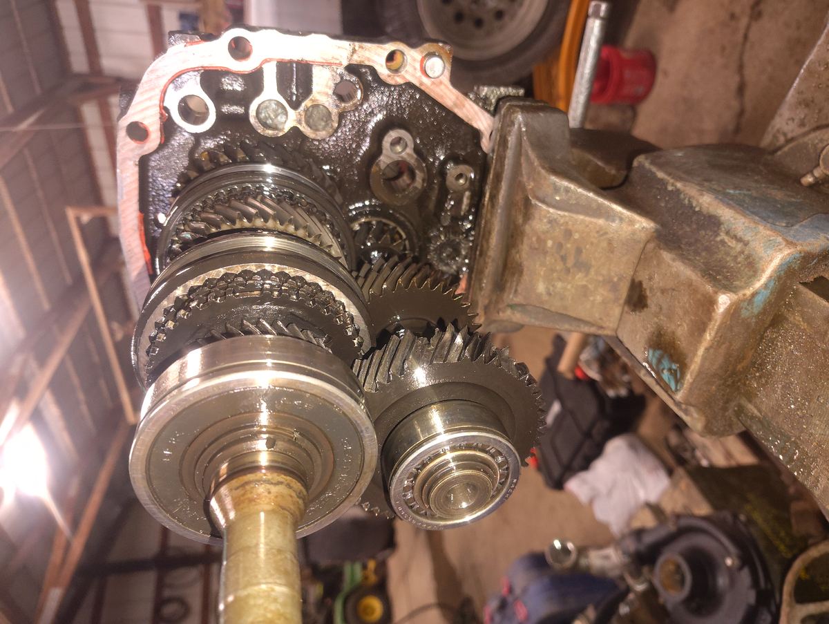 Transmission gears clamped in a vise